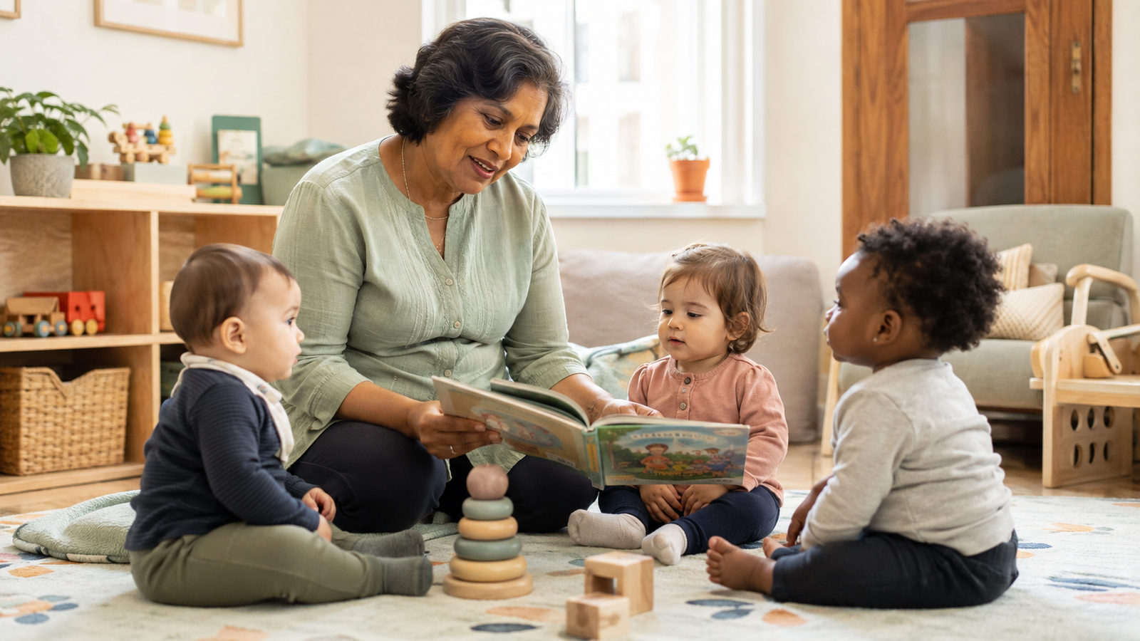 Daycare teacher reading a book to toddlers